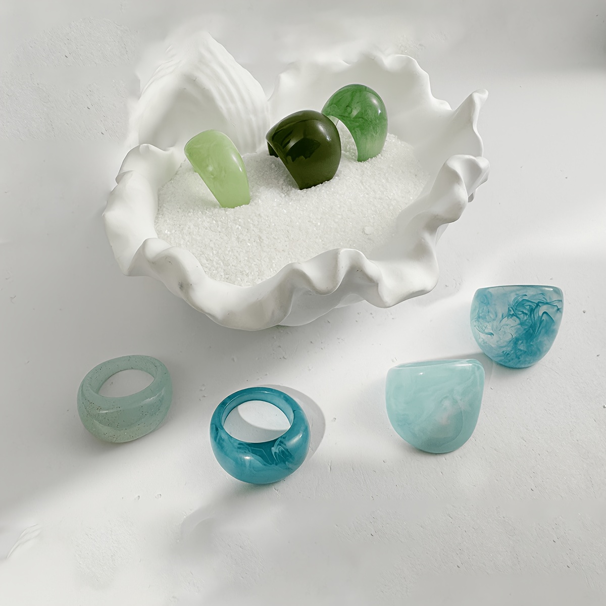 7pc Women's Green & Blue Wide Resin Ring Set, Vacation Style